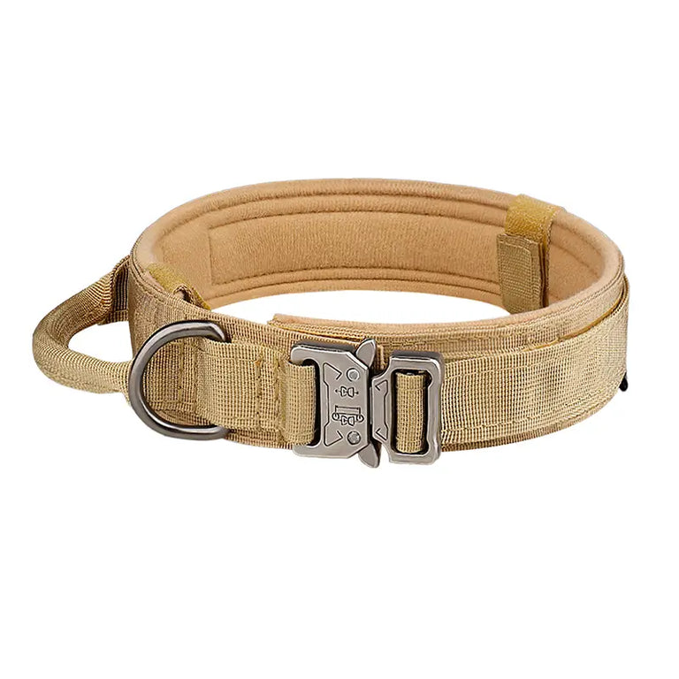 Zgardă Tactică pentru căței cu Cataramă Metalică si Mâner, khaki, ZC1020