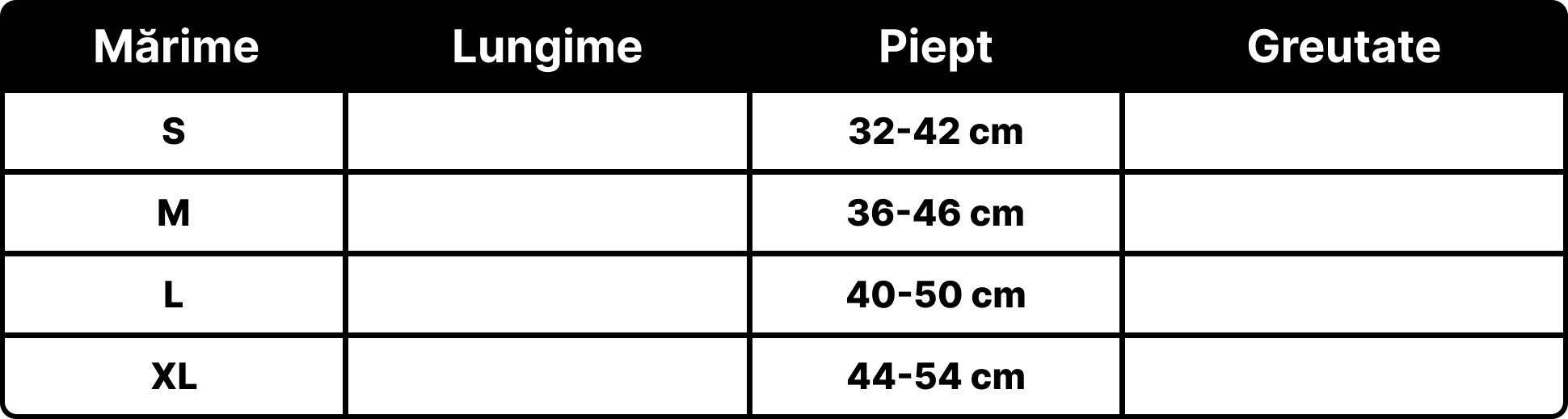 Petora.ro - Tabel marimi produse
