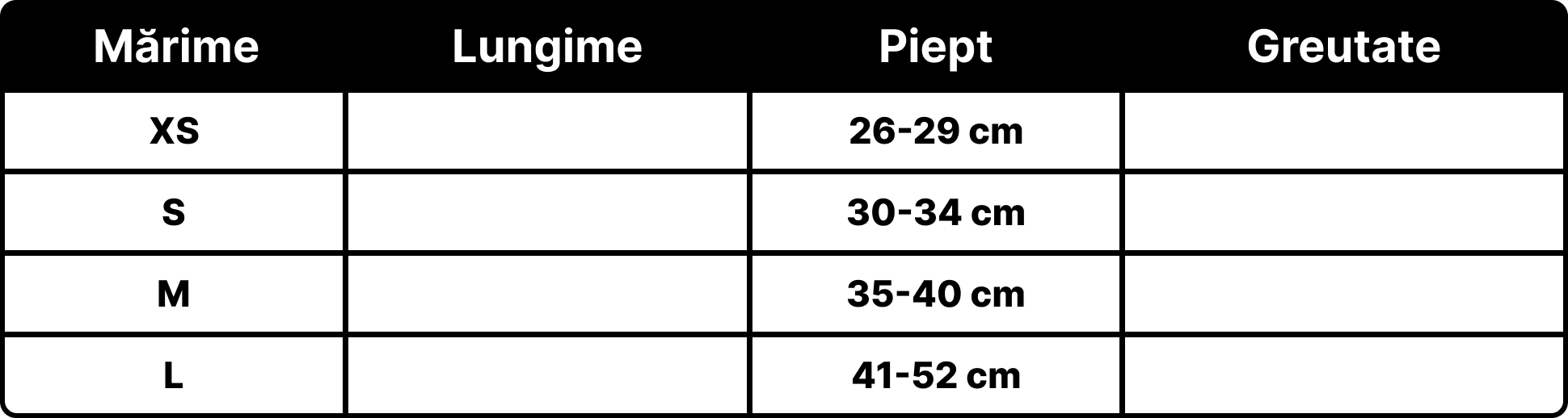 Petora.ro - Tabel marimi produse