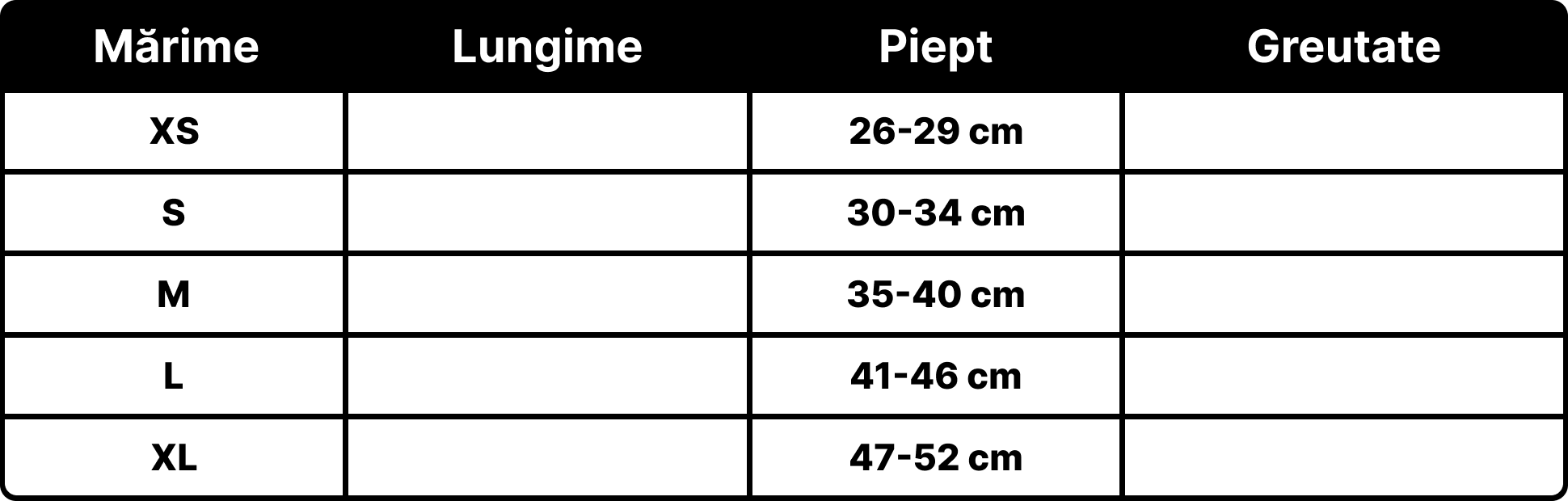 Petora.ro - Tabel marimi produse