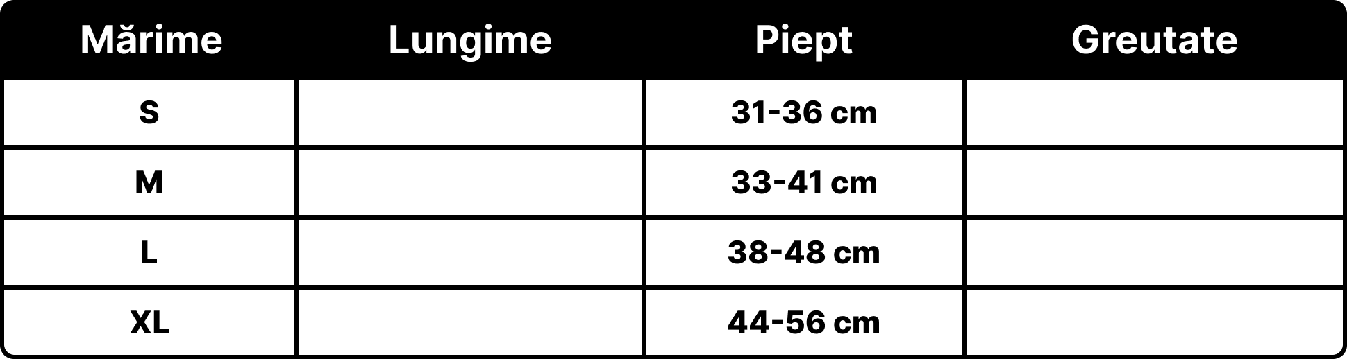 Petora.ro - Tabel marimi produse