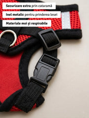 Set ham mesh respirabil pentru căței + lesă 1.5m, ajustare rapidă, roșu